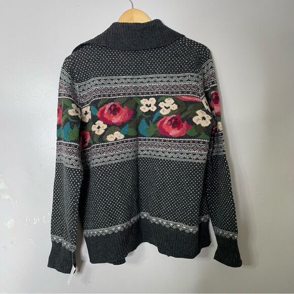 Vintage LL Bean grey pink 100% lambswool floral button up cardigan women’s large - Picture 3 of 7